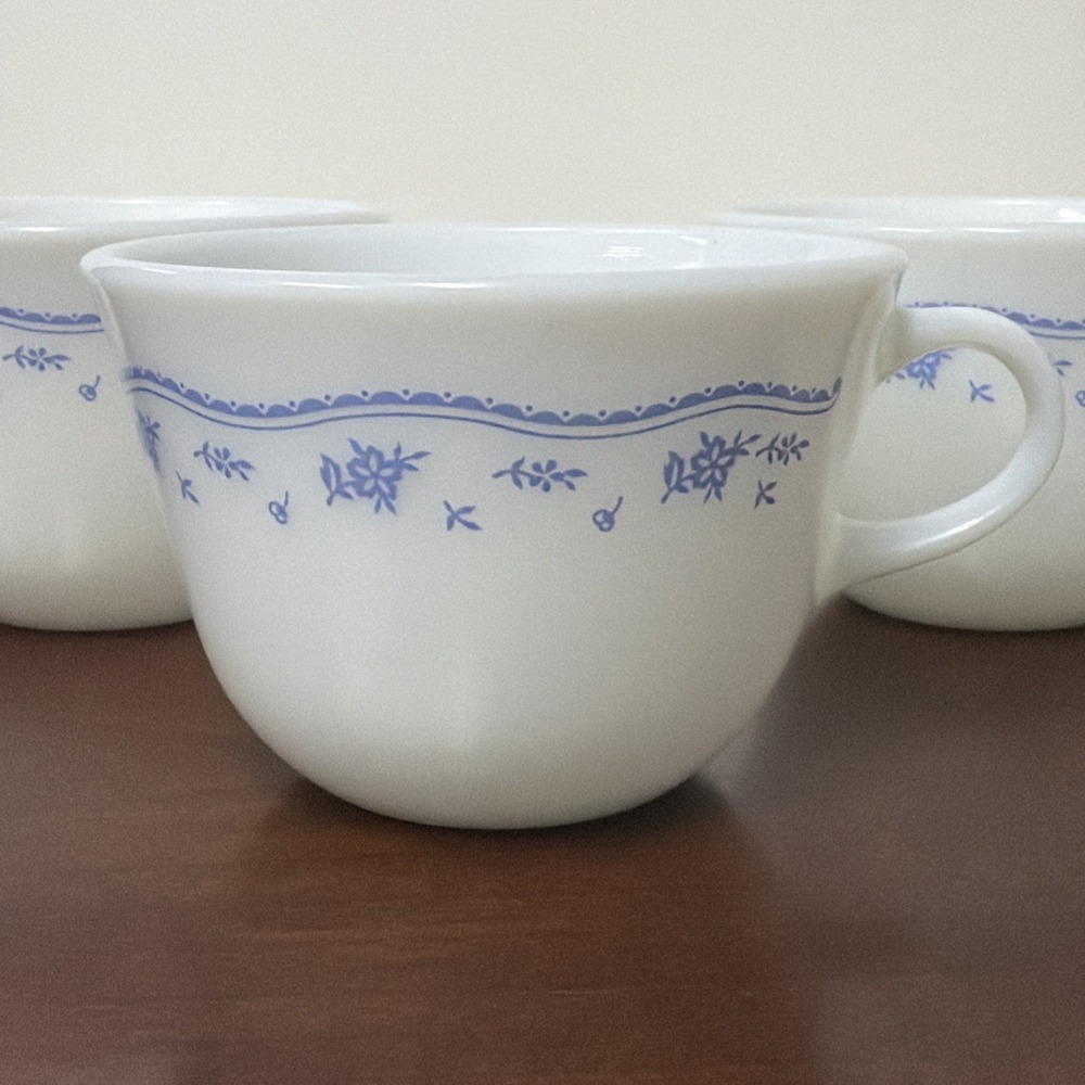 VTG PYREX Morning Blue Milk Glass Coffee Cups Set of 4 USA Microwave Safe